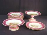12- Old paris dessert set, 2 compotes and 11 plates, pink with gold and different countryside scenes, ca 1880, 5.5IN T, 9.5IN R