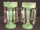 7- Pair of green satin glass victorian mantel lusters with enamel paint, some prisms have small chips, 11IN T, 7IN D