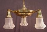 34- Gold chandelier with 3 lights and frosted shades, 23IN T, 16IN W