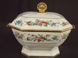 29- Hand painted porcelain covered soup tureen with enamel flowers and gold trim, 7IN T, 13IN W, 9IN D