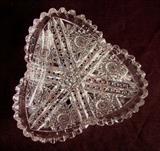 27- Brillant cut glass relish dish, small zipper cut, triangle shape, signed S with a crown marking, 6IN L, 7IN W
