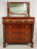 68 - Mahogany empire chest with mirror with acanthus carved claw feet, ca 1840, 70IN T, 45IN W, 22IN D