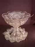 72- Pressed glass 2 pc set punch bowl and stand with 10 cups and 1 ladel, 14IN T, 16IN D