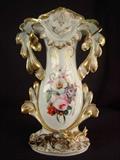 80- Old paris vase with white and gold trim, has dog and rabbit figurals on bottom, has slight damage to bottom, 16IN T, 10IN W