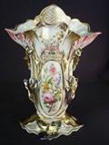 75- White old paris vases with pink roses and gold and blue trim, 15IN T, 10.5IN W