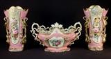 85- Three pc set of old paris, pink with florals, has gold trim with flowers, vases 17IN T, 19IN W, 10IN D