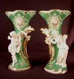82- Pair of old paris vases with greek mythology figures and cupid, green with gold flowers, 14IN T, 8IN W
