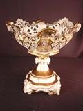 84- Gold and white old paris compote, has damage, 10IN T, 11IN D