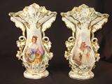 86- Pair of old paris portrait vases, white and gold with lady and arabian warrior, 18IN T, 11IN W