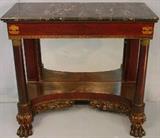 102 - Period high style empire mahogany pier table with original finish and stencil, has black and gold marble, 36IN T, 40IN W, 18IN D