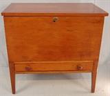 109 - Rare small southern sugar chest with dovetail case and tapered legs, 25IN T, 47IN W, 16IN D