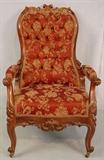105 - Rosewood rococo arm chair with button tuffed damisk upholstery, 39IN T, 24IN W, 17IN D