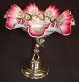113 - Figural silver plate card holder with hand painted cased glass bowl, 12IN T, 11IN D