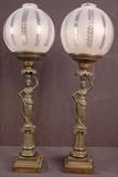 112 - Matching pair of bronze based neoclassical lamps, figurals are same as shown on pg 145 of 19th century elegant lighting, also call sinumbra lamps, 33IN T