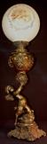 138 - Victorian banquet lamp with cupid base and cupid shade, still oil has not been converted to electric, 34IN T
