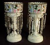 136 - Matching pair of white victorian lusters with double prisms and excellent enamel butterflies, 15IN T, 7IN D