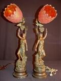 140 - Pair of Art Nouveau lamps, 1 titled Arts and Sciences, 1 titled Science, has fish scale art glass shades, 22IN T