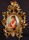 147 - Signed handpainted porcelain of lady with a lyre in ornate rococo frame, 11IN T, 8IN W
