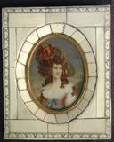 151 - Painting on ivory of 18th centruy lady in etched ivory frame, 6IN T, 5IN W.