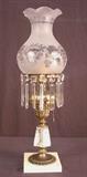 210- Old oil astral lamp with etched glass base and shade, has been electrified, has original prisms, 22IN T