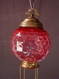 213- Victorian cranberry hanging light fixture, hobnail design, 29IN T