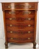 225- Flame mahogany linen chest with 6 linen drawers and claw feet, ca 1840, 59IN T, 42IN W, 23IN D