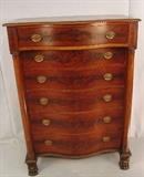 225- Flame mahogany linen chest with 6 linen drawers and claw feet, ca 1840, 59IN T, 42IN W, 23IN D