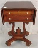 238- Mahogany drop leaf two drawer table with choir base, 30IN T, 18IN W, 17IN D