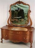 237- Three drawer dresser with beveled carved mirror and claw feet, 74IN T, 55IN W, 20IN D