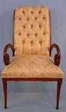 241- Mahogany highback federal style arm chair with carved twist arms, ca 1930, 42IN T, 24IN W, 18IN D