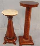 243-Mahogany marble top tapered pedestal with a hexagon top, 49IN T, 12OCT ,244-Mahogany pedestal, 36IN T, 14IN D