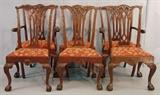 255- Set of 6 mahogany chippendale chairs, ca 1890, 2 arm chairs and 6 side chairs, side chair 40IN T, 20IN W, 16IN D, arm chair 41IN T, 27IN W, 16IN D