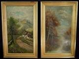 268 - Pair of early still life oil on canvas, 1. autumn river & 1. cottage in bend of road, 25.5 X 15.5