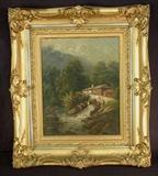 272 - Oil on canvas of mill and stream with ornate frame, 31.5IN X