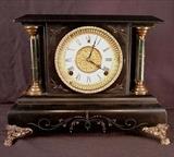 280 - Black mantle clock, by Gilbert Clock Co., gold trim dial ca. 1900 11INT x 15INW