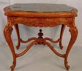 295 - Heavily corved walnut center table with marble 30INT, 36INW, 26IND ca 1870