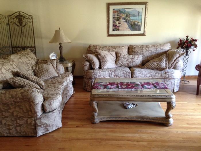 Formal living room sofa, love seat, white washed end tables and coffee table, picture
