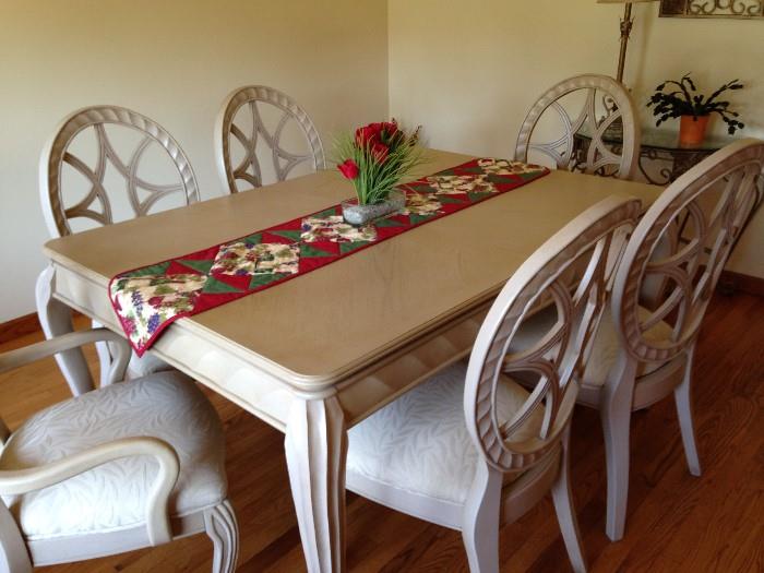 Formal dining room table with six chairs, white washed wood