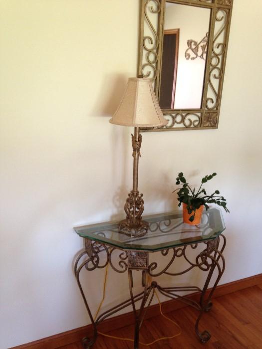 metal and glass entry way table, mirror and lamp  