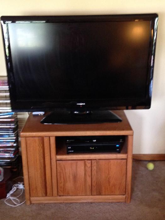 flat screen TV, DVD and oak stand