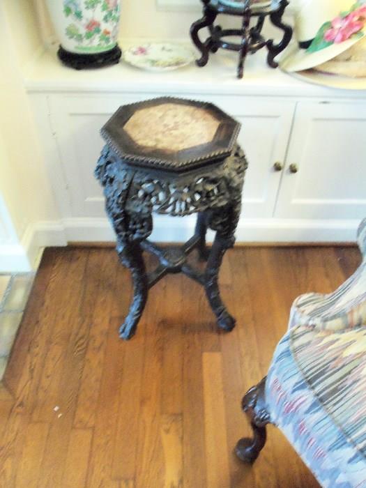 Carved Wooden Table with Marble Top