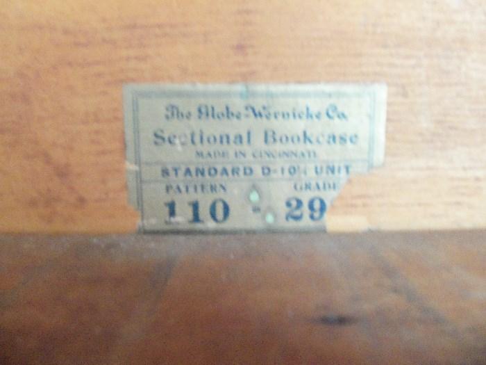 Label inside Barristers Bookcase