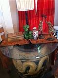 Extra large jardiniere with glass top; vintage candle holders