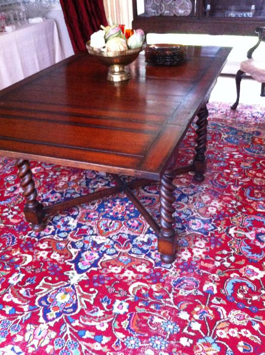 Barley twist draw leaf table; antique Persian Kashan 9.9 x 12.3 Rug