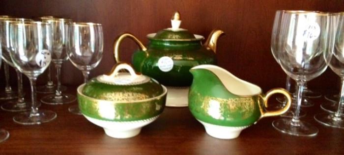 24 kt gold rimmed wine glasses & Lady Greenbriar Tea Set