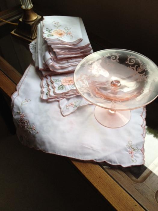 Beautiful Table Linens and Pink Depression Glass Compote