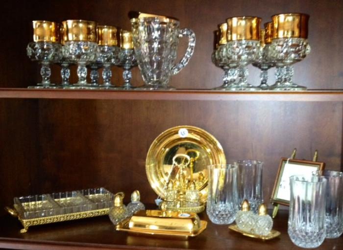Kings Crown Gold & Clear Goblets and Rare Kings Crown Pitcher, Gold and Crystal Serving Pieces