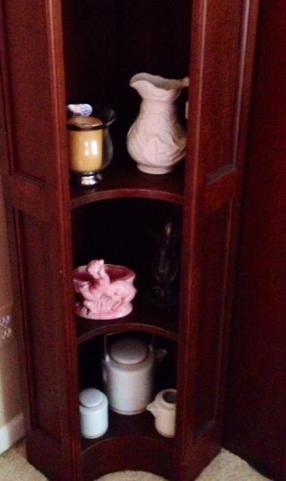 Corner Shelf by the Entertainment Armoire holds a variety of Vintage Treasures from Dansk, Early 20th Century Pottery, Vases and more!