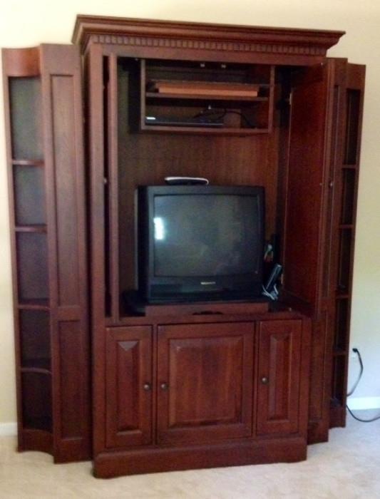 Cherry Entertainment Armoire with 2 matching corner shelving units