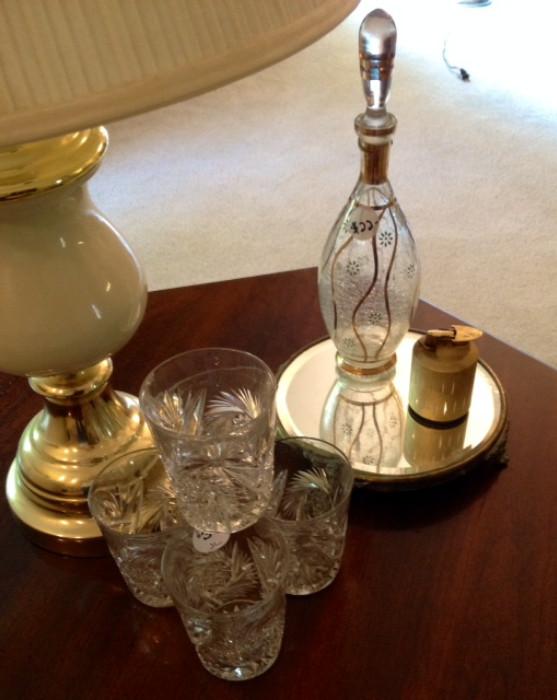Crystal Rocks Glasses & an antique mirror tray that holds a handpainted flacon & vintage table lighter